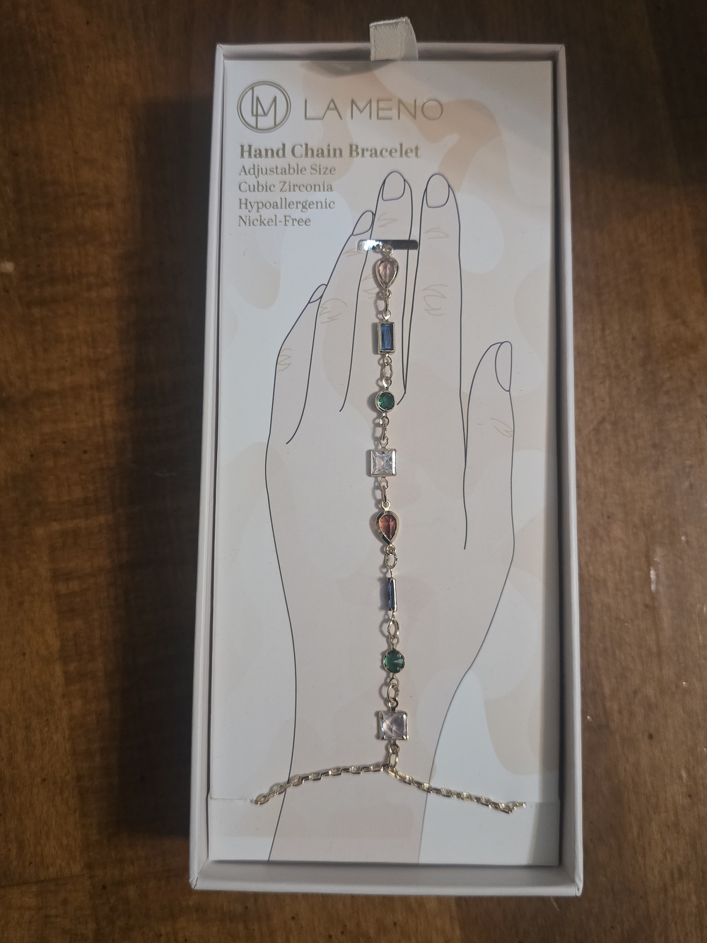La Meno Gold Hand Chain Bracelet with Green and Blue Stones